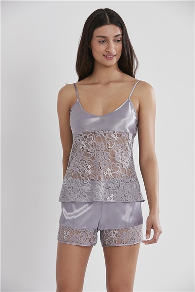 Pierre Cardin 445 Kadın İp Askılı Saten Dantelli Şort Takım-Royal