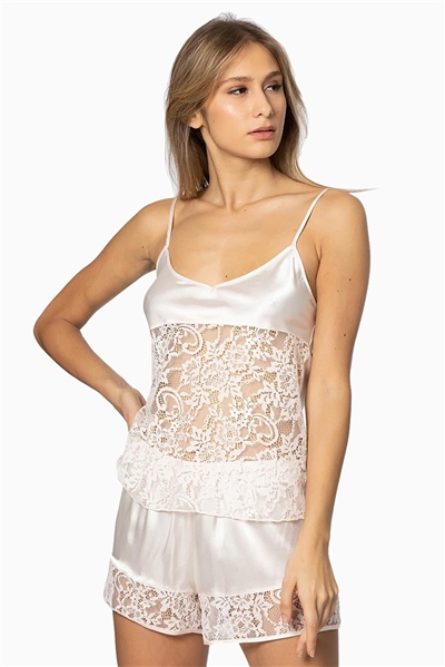 Pierre Cardin 445 Kadın İp Askılı Saten Dantelli Şort Takım-İnci