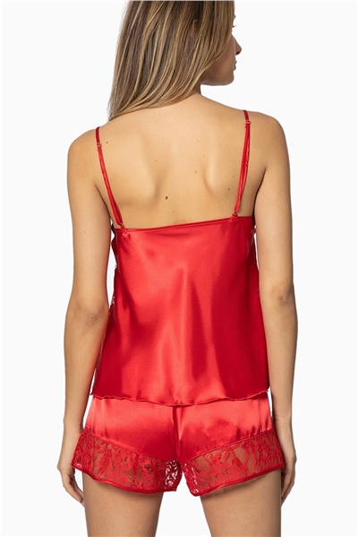 Pierre Cardin 445 Kadın İp Askılı Saten Dantelli Şort Takım-Kırmızı