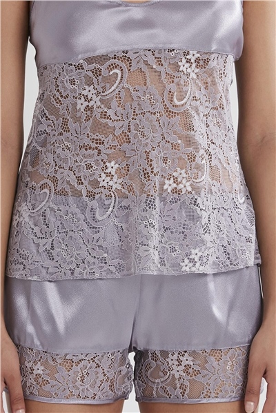 Pierre Cardin 445 Kadın İp Askılı Saten Dantelli Şort Takım-Royal