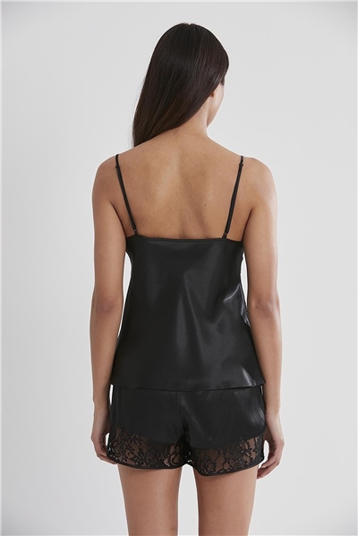 Pierre Cardin 445 Kadın İp Askılı Saten Dantelli Şort Takım-Siyah