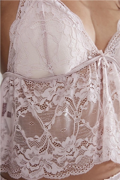 Pierre Cardin 450 Kadın İp Askılı Saten Dantelli Şort Takım-Pudra