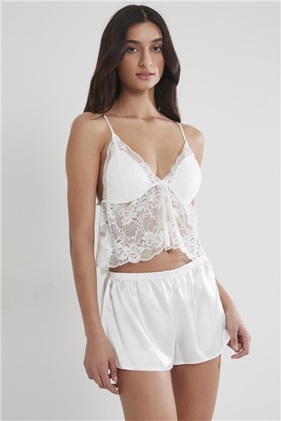 Pierre Cardin 450 Kadın Saten Dantelli Pijama Şort - Ekru