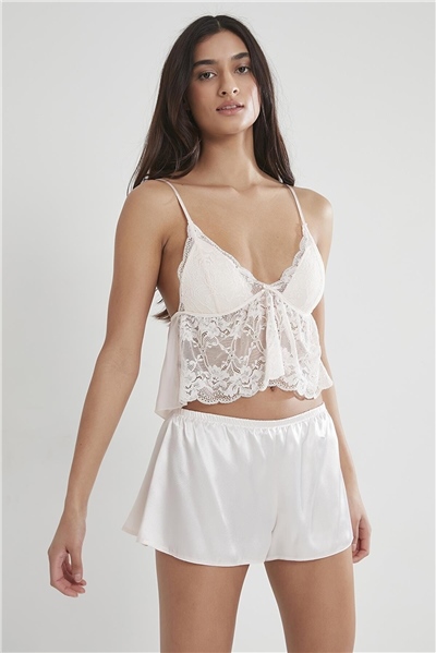 Pierre Cardin 450 Kadın Saten Dantelli Pijama Şort - Ekru