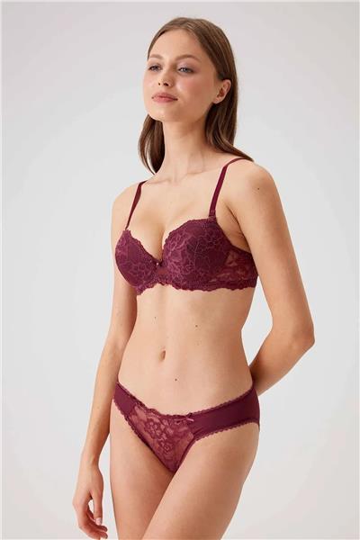Pierre Cardin 4561 Milan Push Up Dolgulu Dantelli Çeyiz Sütyen Ve Külot Iç Çamaşır Takımı-Mürdüm