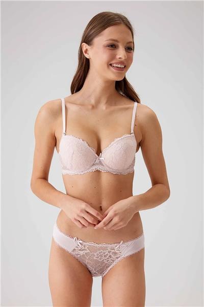 Pierre Cardin 4561 Milan Push Up Dolgulu Dantelli Çeyiz Sütyen Ve Külot Iç Çamaşır Takımı-Pudra