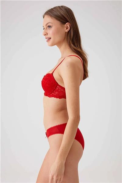 Pierre Cardin 4561 Milan Push Up Dolgulu Dantelli Çeyiz Sütyen Ve Külot Iç Çamaşır Takımı-Kırmızı