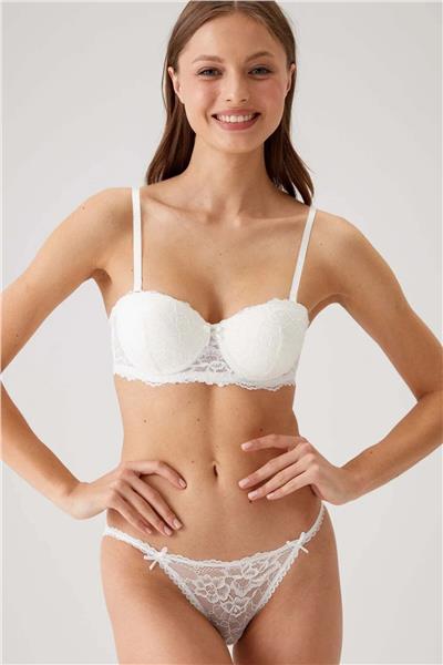 Pierre Cardin 4563 Kadın Ekru Destekli Straplez Dantelli Sütyen Külot Takım-Ekru