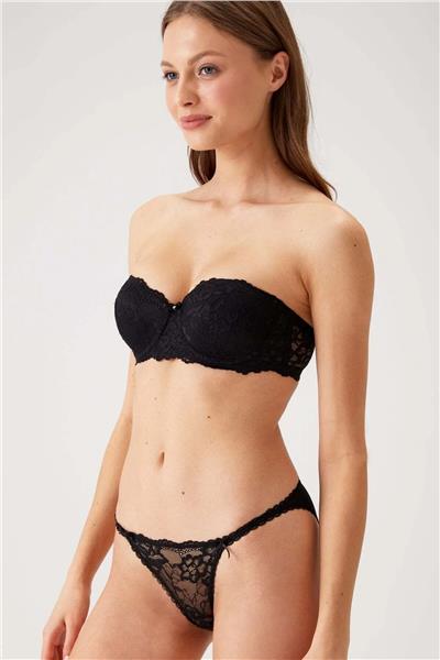 Pierre Cardin 4563 Kadın Siyah Destekli Straplez Dantelli Sütyen Külot Takım-Siyah