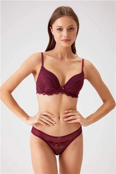 Pierre Cardin 4740 Balenli Soft Push Up Sütyen Külot Takım-Mürdüm