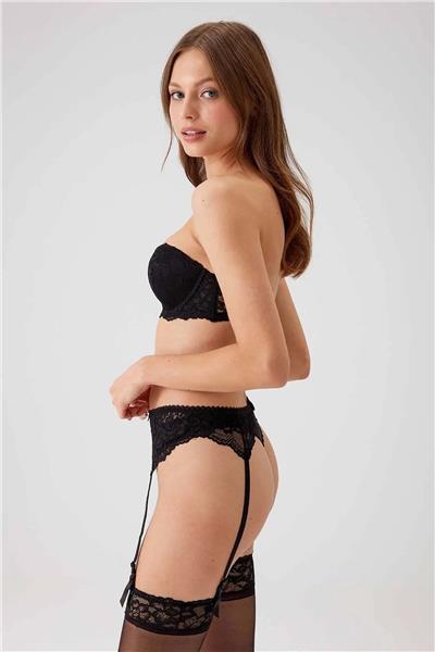 Pierre Cardin 4793 Siena Balenli Desteksiz Dantelli Çoraplı Jartiyer Sütyen Takım-Siyah