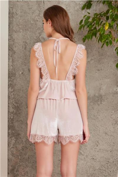 Pierre Cardin 4800 Kadın Dantelli Kadife Tulum Sabahlık Takım-Pudra