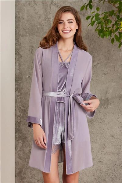 Pierre Cardin 4800 Kadın Dantelli Kadife Tulum Sabahlık Takım-Royal