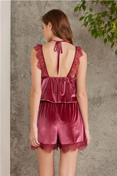Pierre Cardin 4800 Kadın Dantelli Kadife Tulum Sabahlık Takım-Bordo