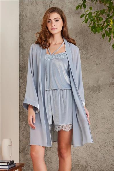 Pierre Cardin 4800 Kadın Dantelli Kadife Tulum Sabahlık Takım-Mist