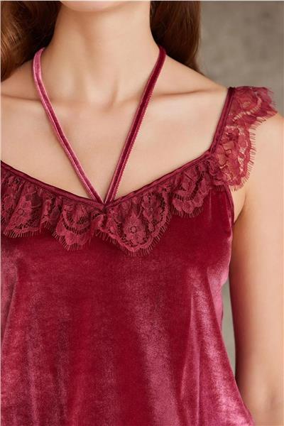 Pierre Cardin 4800 Kadın Dantelli Kadife Tulum Sabahlık Takım-Bordo