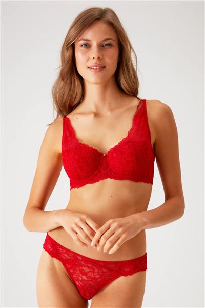 Pierre Cardin 4801 Kadın Desteksiz Pedli Balenli Sütyen Külot Takım-Kırmızı