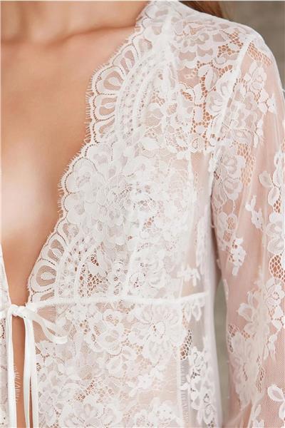 Pierre Cardin 4810 Kadın Şifon Dantel Sabahlıklı Tulum Set-Ekru