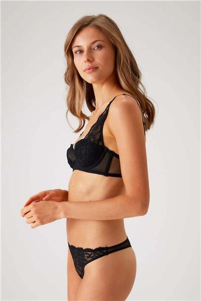 Pierre Cardin 4841 Dantelli Dolgusuz Sütyen String Takım-Siyah