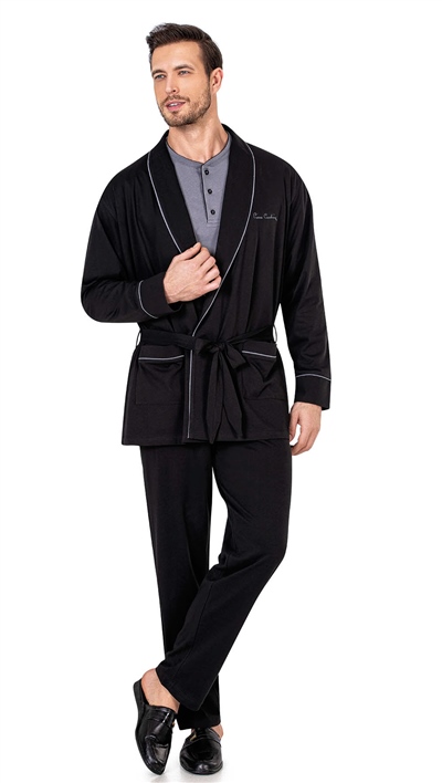 Pierre Cardin 5605 Erkek Çeyizlik 3lü Rob Pijama Takım-Siyah