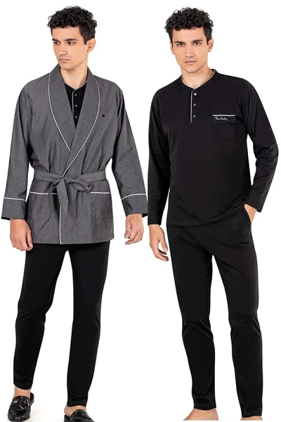 Pierre Cardin 5610  Erkek Çeyizlik Üçlü Rop Pijama Takım-Siyah