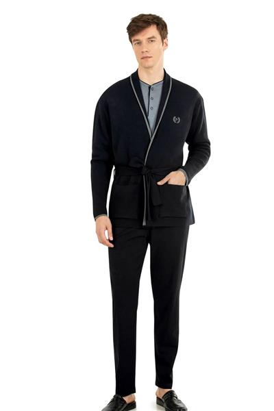 Pierre Cardin 5630 Erkek Triko Sabahlıklılı Uzun Kollu Pijama Takımı-Siyah