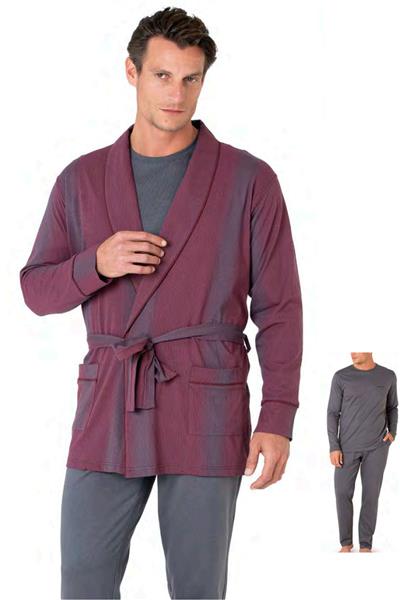 Pierre Cardin 5635 Erkek %100 Pamuk Uzun Kollu Sabahlıklı Pijama Takım-Bordo