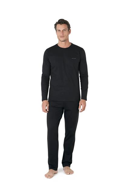 Pierre Cardin 5635 Erkek %100 Pamuk Uzun Kollu Sabahlıklı Pijama Takım-Siyah