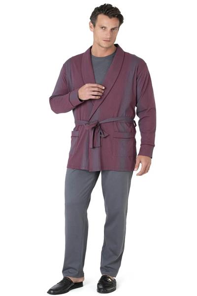 Pierre Cardin 5635 Erkek %100 Pamuk Uzun Kollu Sabahlıklı Pijama Takım-Bordo