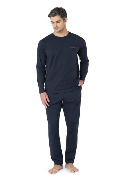 Pierre Cardin 5635 Erkek %100 Pamuk Uzun Kollu Sabahlıklı Pijama Takım-Lacivert