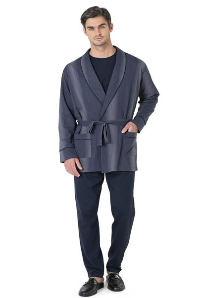 Pierre Cardin 5635 Erkek %100 Pamuk Uzun Kollu Sabahlıklı Pijama Takım-Lacivert