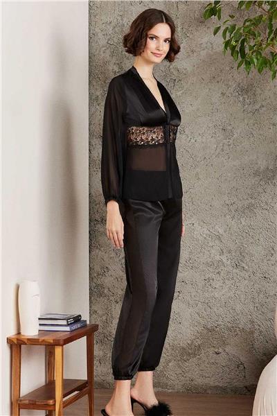 Pierre Cardin 6005 Kadın Saten Dantelli 6lı Çeyiz Seti-Siyah