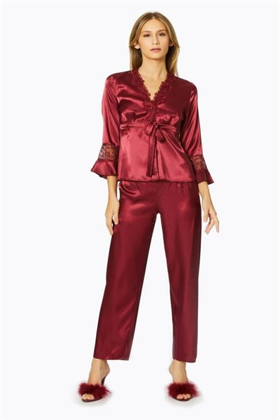 Pierre Cardin 6025 Kadın Saten Altılı Çeyiz Seti - Bordo