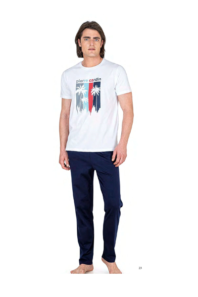Pierre Cardin 6041 Erkek Kısa Kollu Penye Pijama Takımı-Beyaz