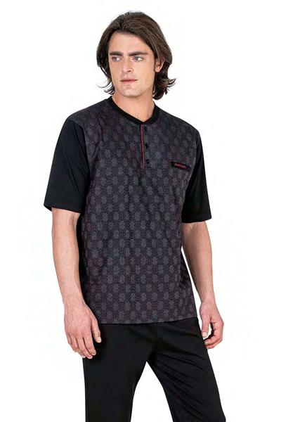 Pierre Cardin 6055 Erkek Kısa Kollu Jakarlı 3lü Pijama Takımı-Siyah