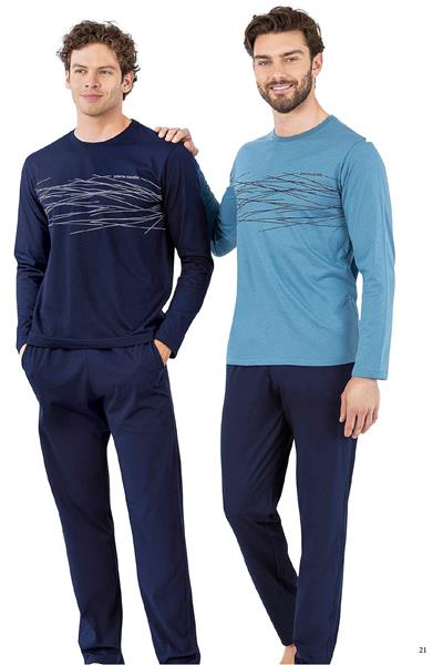 Pierre Cardin 6061 Erkek Uzun Kollu Bisiklet Yaka Pijama Takımı-Mavi