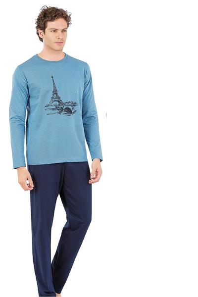 Pierre Cardin 6064 Erkek Uzun Kollu Bisiklet Yaka Pijama Takımı-Mavi