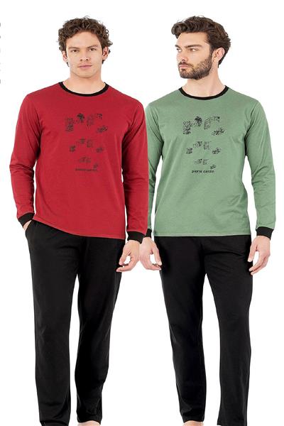 Pierre Cardin 6069 Erkek Uzun Kollu Bisiklet Yaka Pijama Takımı-Yeşil