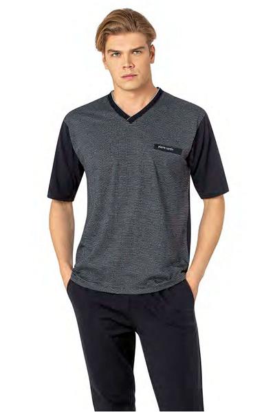 Pierre Cardin 6089 Erkek Kısa Kollu 3lü Jakarlı Pijama Takımı-Mavi