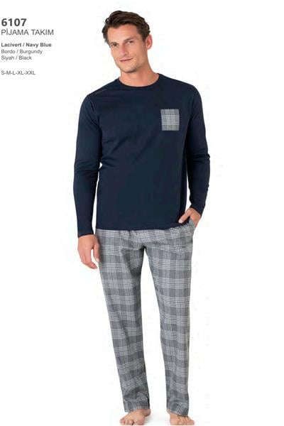 Pierre Cardin 6107 Erkek Uzun Kollu Bisiklet Yaka Pijama Takımı-Lacivert