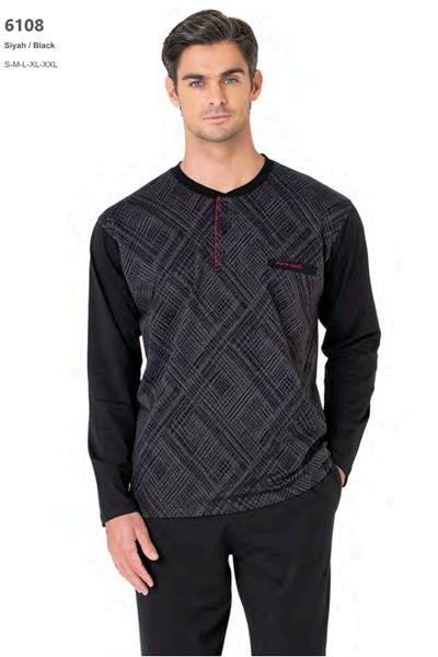 Pierre Cardin 6108 Erkek Uzun Kollu Yakası Düğmeli Pijama Takım-Siyah