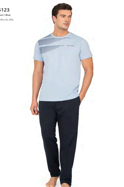 Pierre Cardin 6123 Erkek Kısa Kollu Bisiklet Yaka Pijama Takımı-Mavi