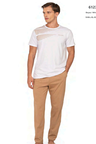 Pierre Cardin 6123 Erkek Kısa Kollu Bisiklet Yaka Pijama Takımı-Beyaz