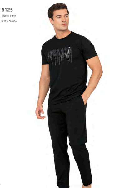 Pierre Cardin 6125 Erkek Kısa Kollu Bisiklet Yaka Pijama Takımı-Siyah