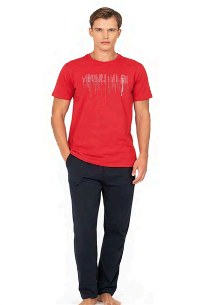 Pierre Cardin 6125 Erkek Kısa Kollu Bisiklet Yaka Pijama Takımı-Kırmızı