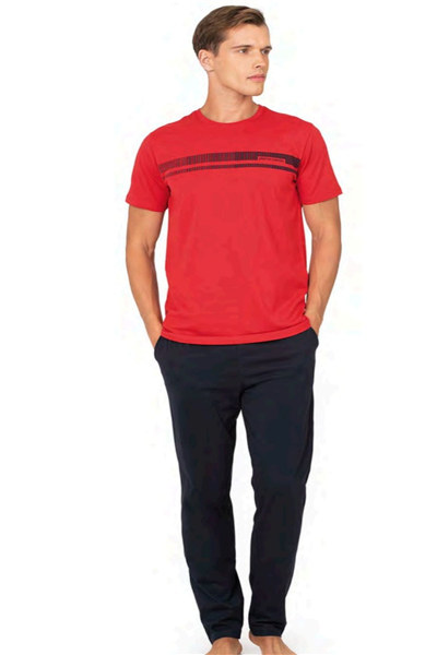 Pierre Cardin 6128 Erkek Kısa Kollu Bisiklet Yaka Pijama Takımı-Kırmızı