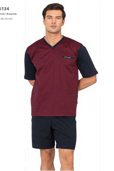 Pierre Cardin 6134 Erkek Kısa Kollu V Yaka 3lü Jakarlı Pijama Takımı-Bordo