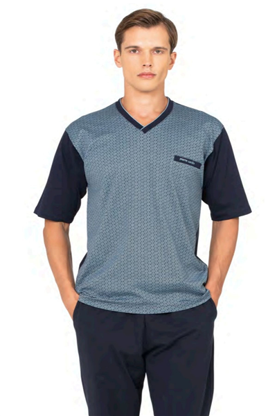 Pierre Cardin 6134 Erkek Kısa Kollu V Yaka 3lü Jakarlı Pijama Takımı-Mavi