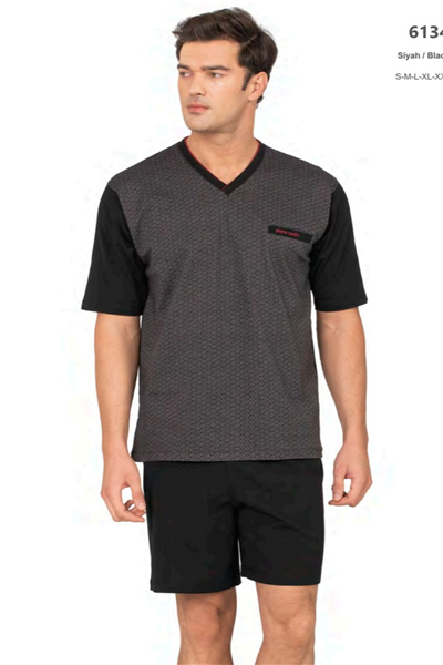 Pierre Cardin 6134 Erkek Kısa Kollu V Yaka 3lü Jakarlı Pijama Takımı-Siyah