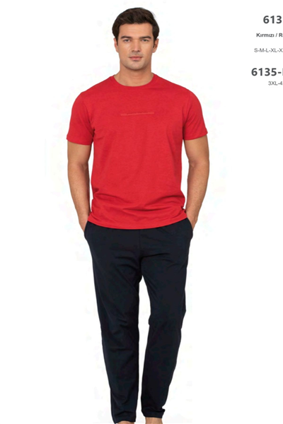 Pierre Cardin 6135 Erkek Kısa Kollu Bisiklet Yaka Pijama Takımı-Kırmızı